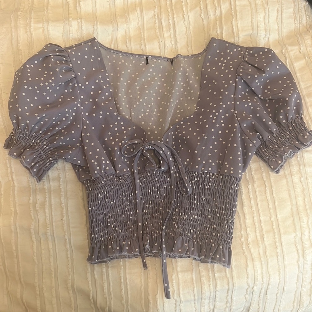 Purple polka dot crop with puff sleeve
